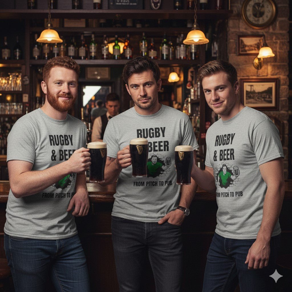 Rugby & Beer T-Shirt – From the Pitch to the Pub | Irish Rugby Fans Tee