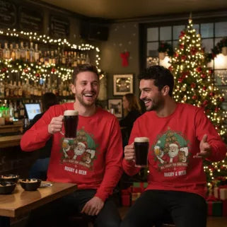 Two men wearing All I want for Christmas is Rugby and Beer long sleeve T-Shirt