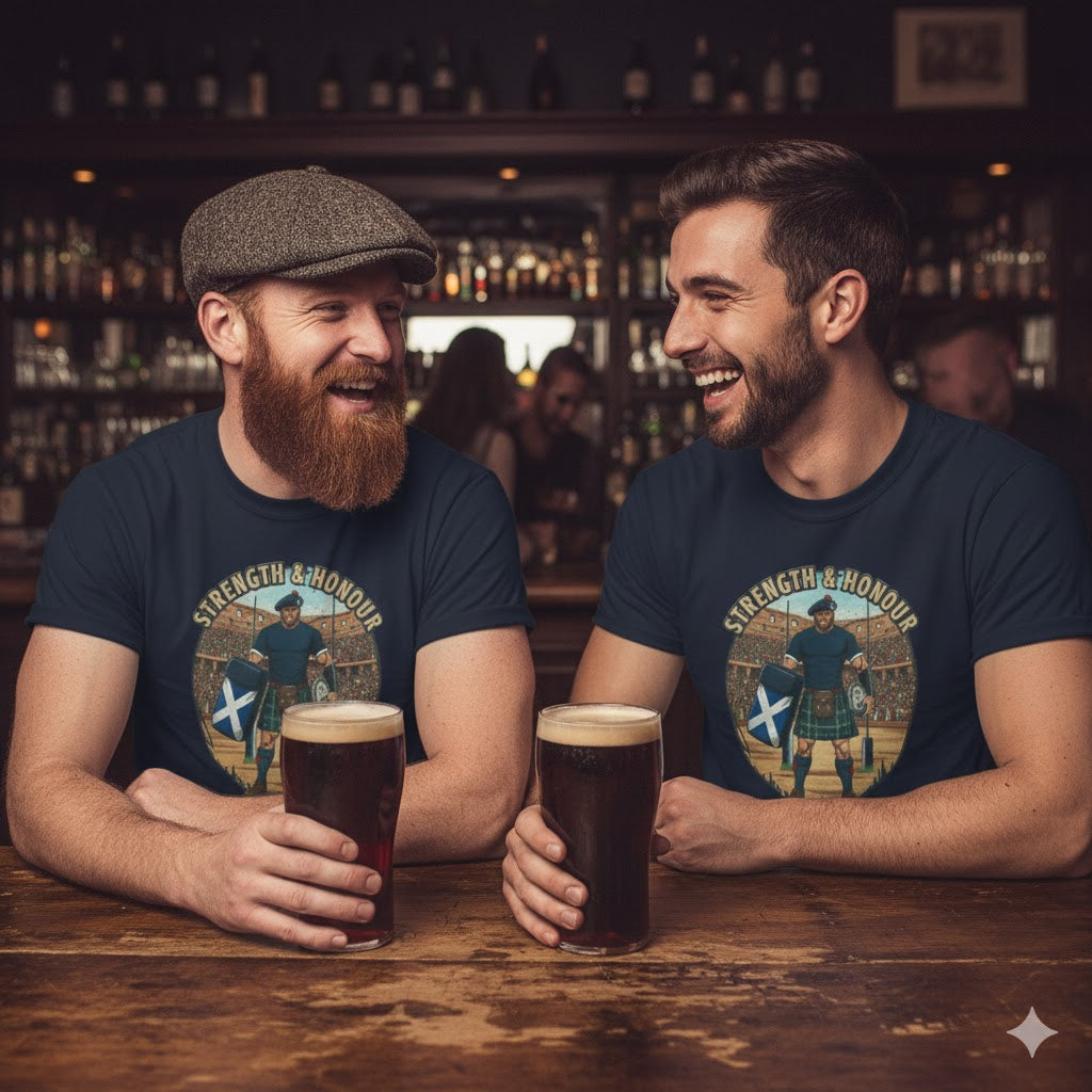 Rugby & Beer T-Shirt – Scottish Highland Warrior | Strength & Honour Tee for Scotland Rugby Fans