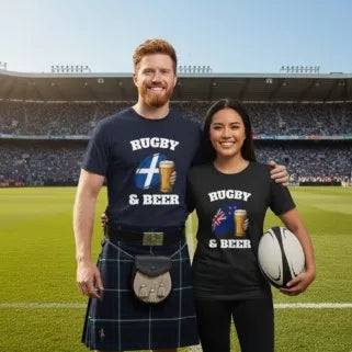 Man wearing Scottish Rugby T-Shirt and woman wearing New Zealand Rugby T-Shirt with Rugby and beer logo, on a pitch, in a stadium
