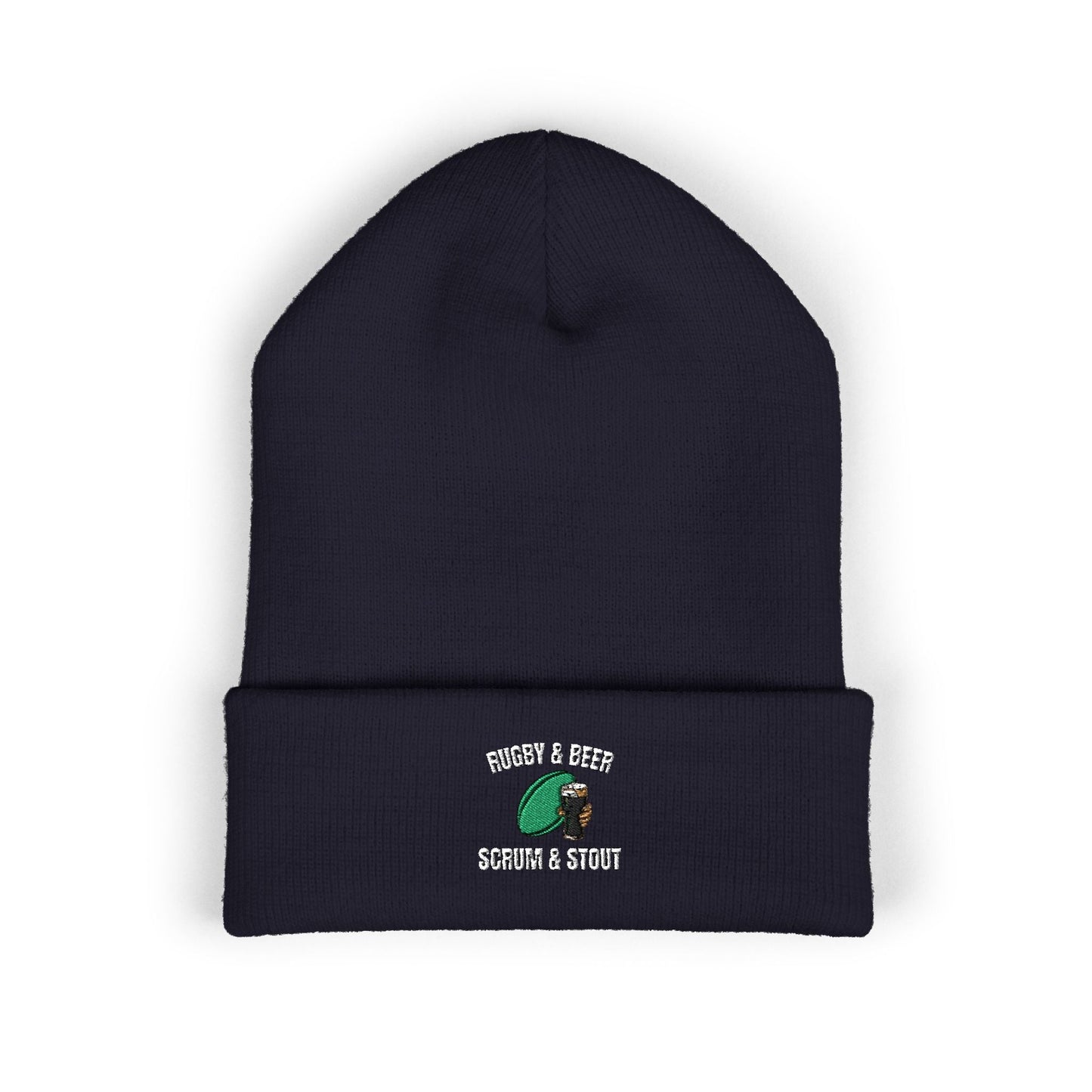 Scrum & Stout Navy Beanie | Irish Rugby Fan Knit Hat | Rugby & Beer Cuffed Beanie - Rugby & Beer