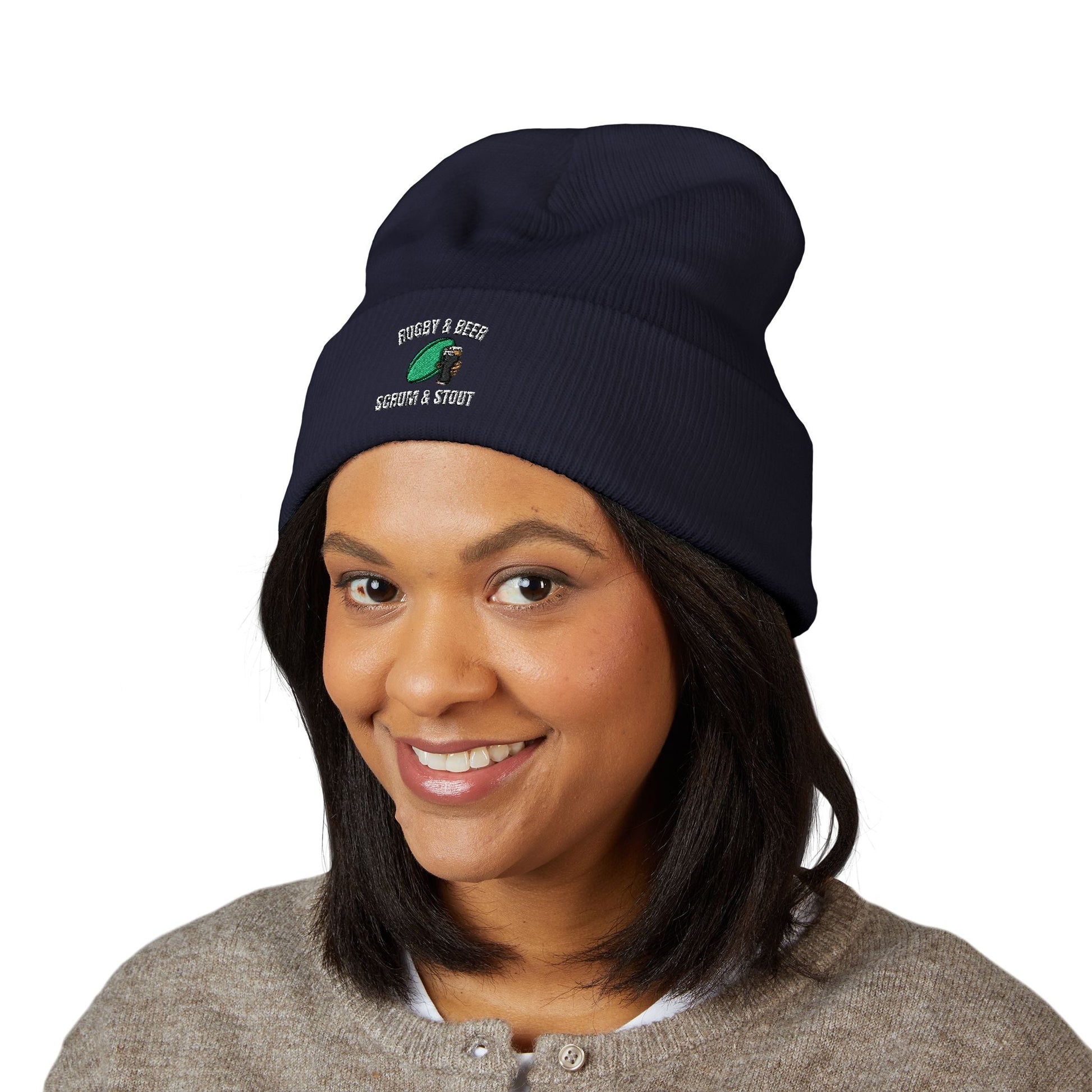 Scrum & Stout Navy Beanie | Irish Rugby Fan Knit Hat | Rugby & Beer Cuffed Beanie - Rugby & Beer