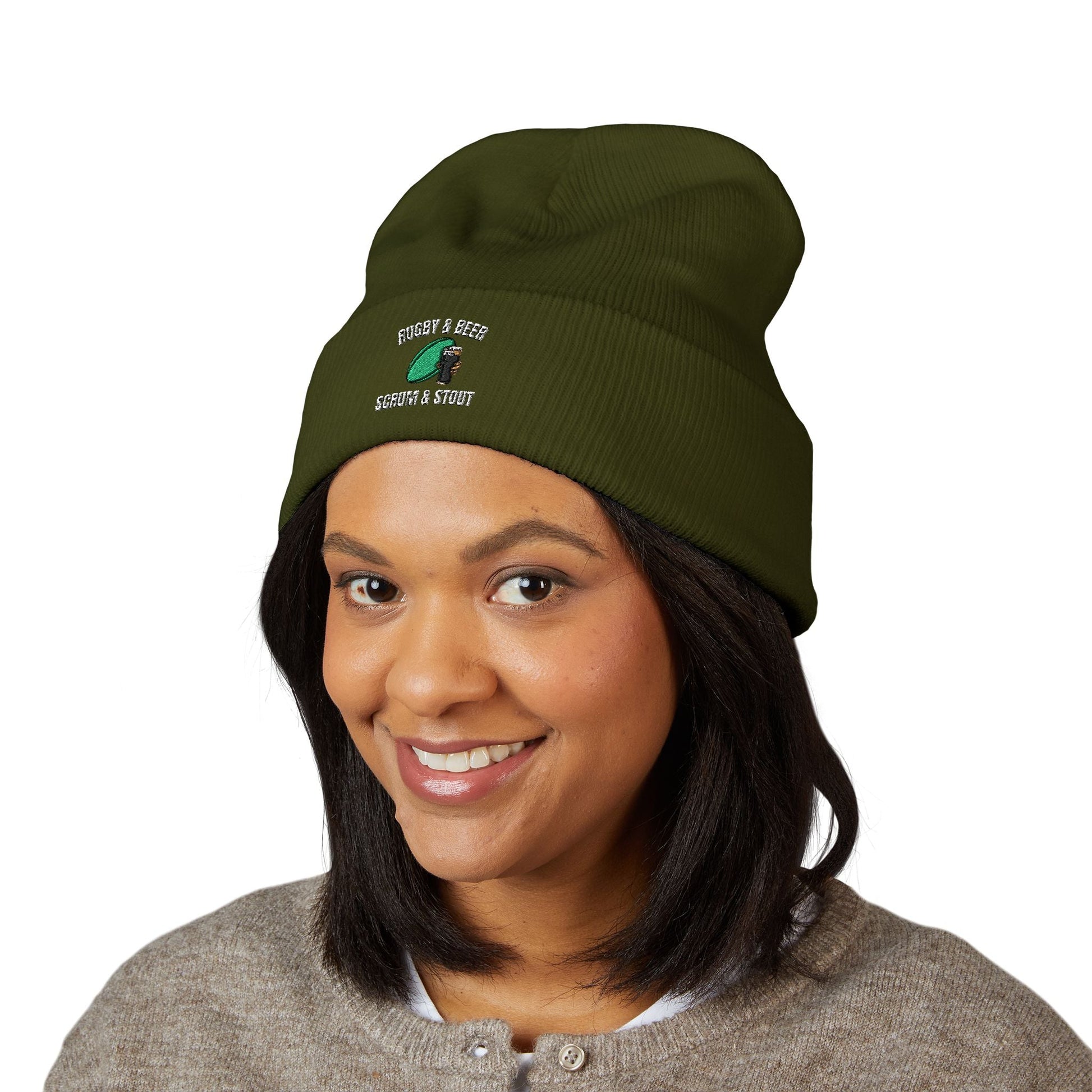 Scrum & Stout Navy Beanie | Irish Rugby Fan Knit Hat | Rugby & Beer Cuffed Beanie - Rugby & Beer