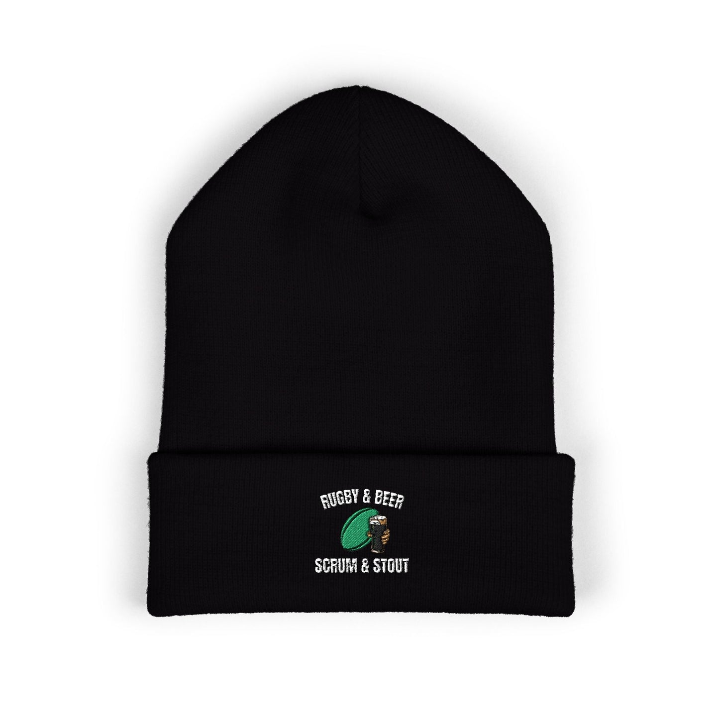 Scrum & Stout Navy Beanie | Irish Rugby Fan Knit Hat | Rugby & Beer Cuffed Beanie - Rugby & Beer