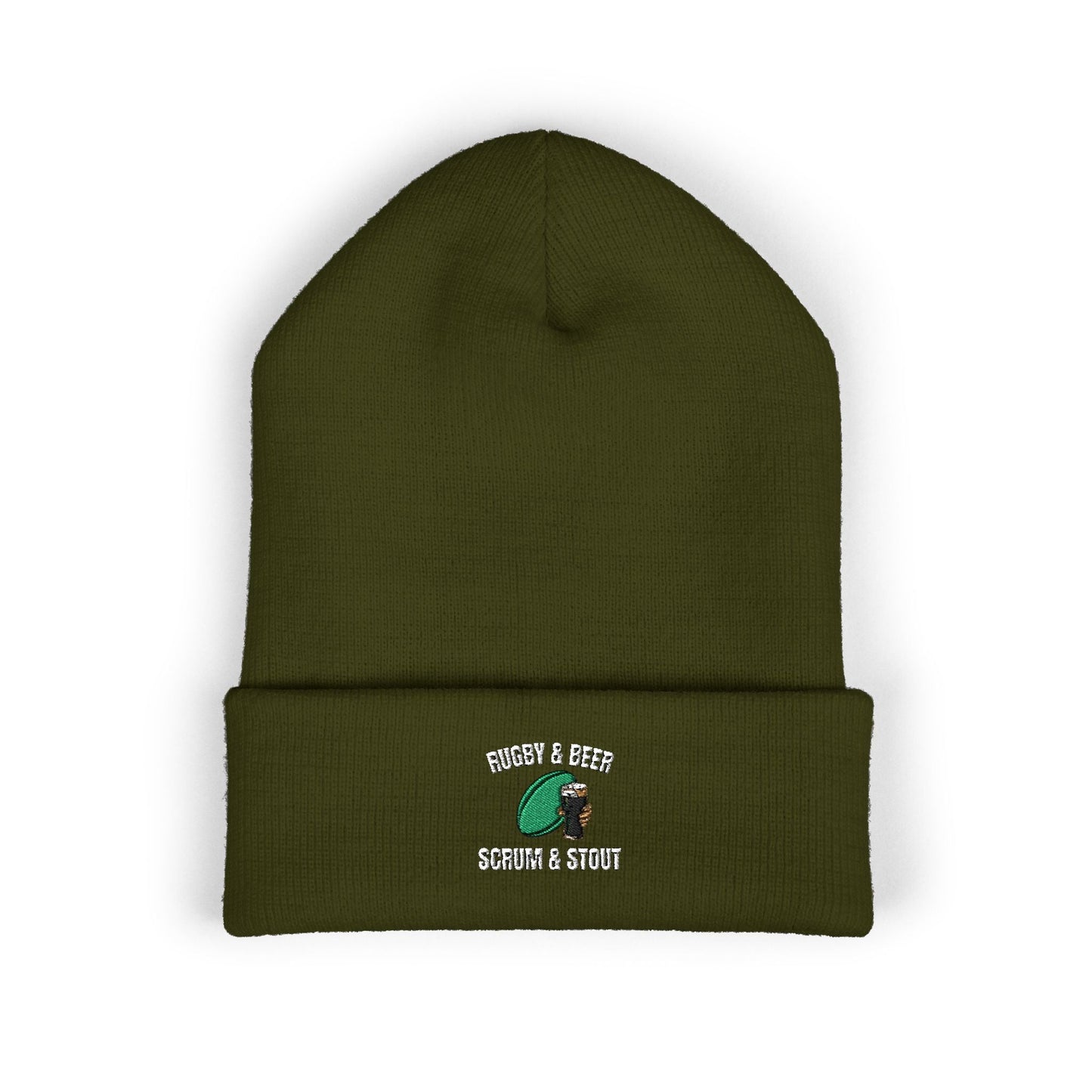 Scrum & Stout Navy Beanie | Irish Rugby Fan Knit Hat | Rugby & Beer Cuffed Beanie - Rugby & Beer