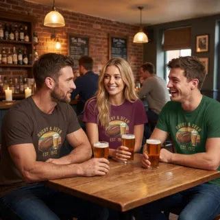 Load video: two males and 1 female wearing vintage Rugby &amp; Beer T-Shirts